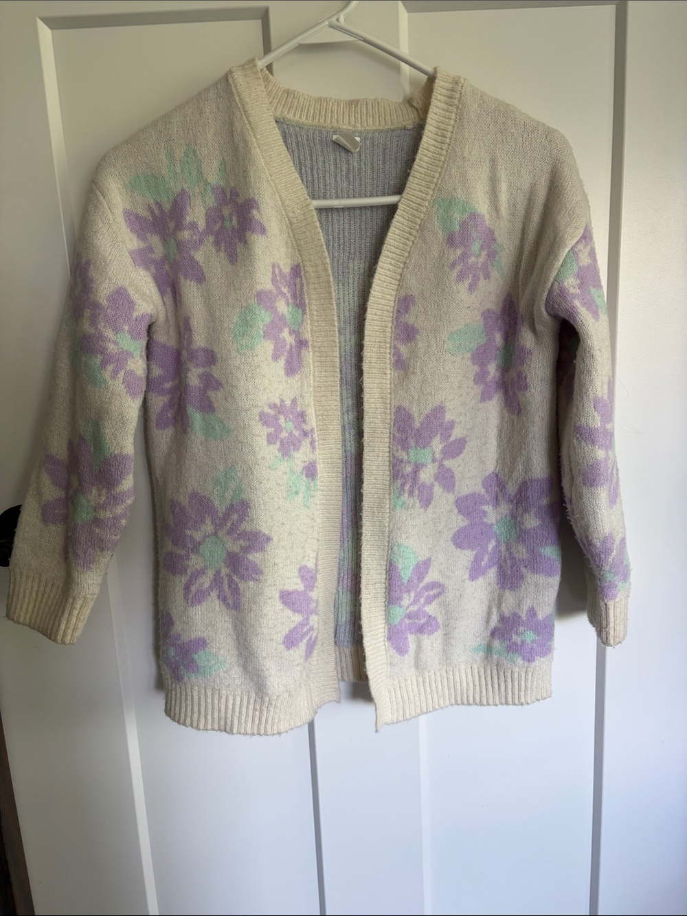 Girls medium Floral Open-Front Cardigan Sweater with Lavender and Mint Accents
